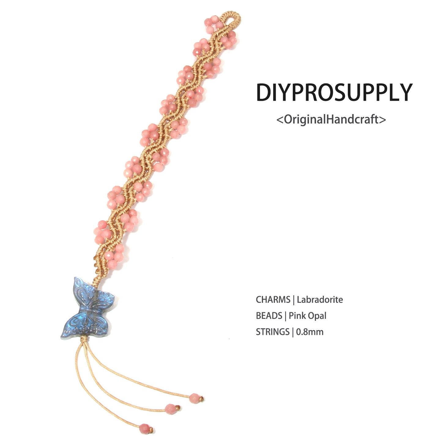 Pink Opal Macramé Bracelet | Labradorite Butterfly Charm