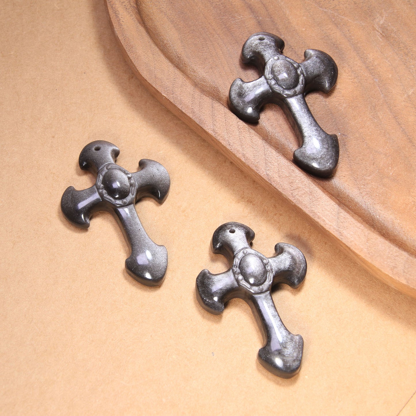 Natural Stone Silver Obsidian Cross Pendant
