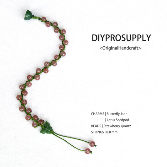 DB601 Strawberry Quartz Adjustable Bracelet with Jade Charm Butterfly Lotus Seed