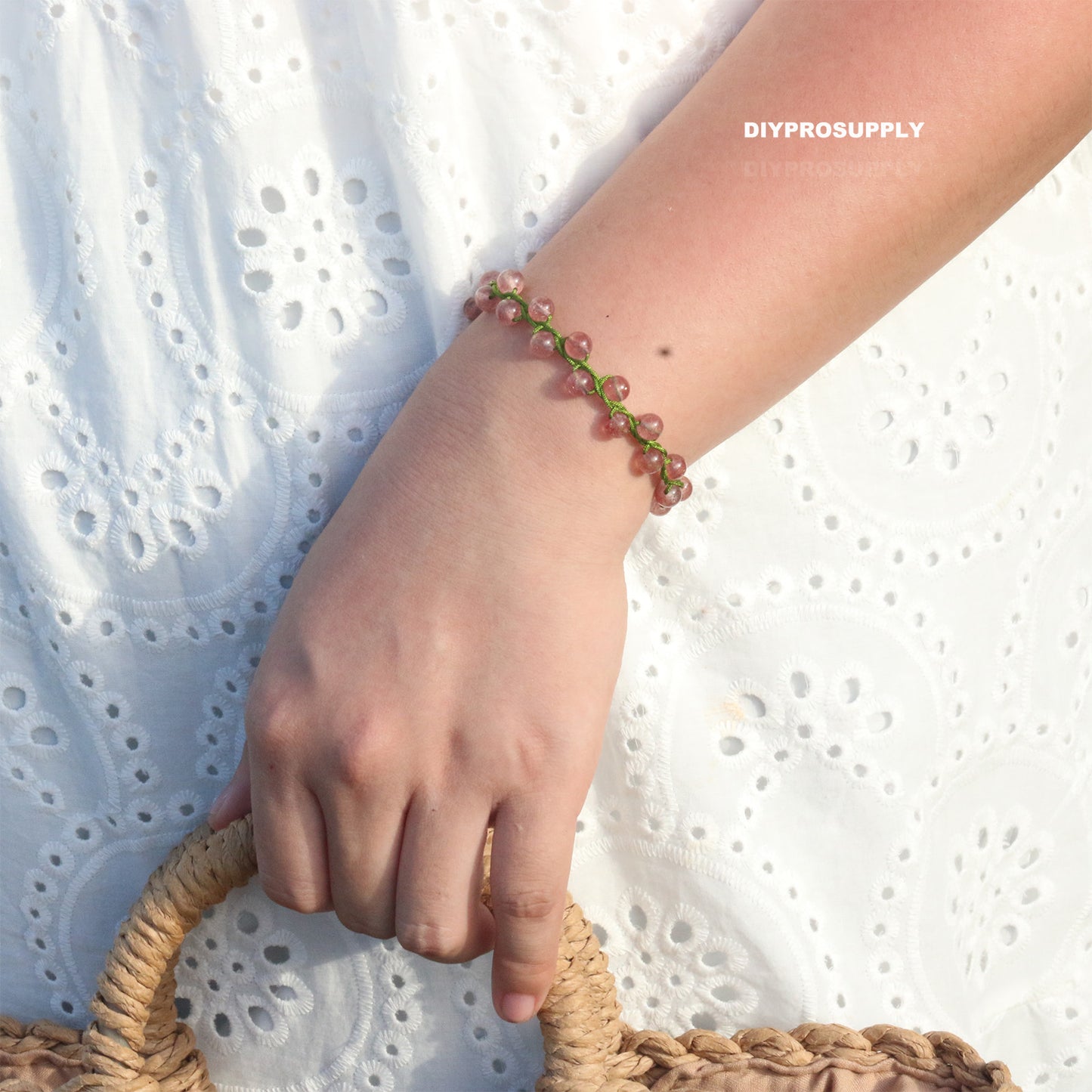 DB601 Strawberry Quartz Adjustable Bracelet with Jade Charm Butterfly Lotus Seed