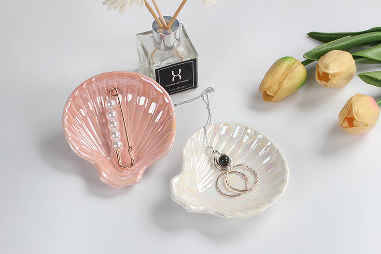 Seashell Ceramic Jewelry Tray Trinket Holder, Decorative Storage Bowl (4x4 inches)